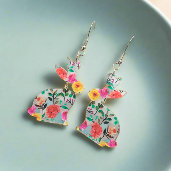 Acrylic Multicolored Bunny Dangle Earrings Easter Rabbit Spring Earrings - Picture 3 of 6